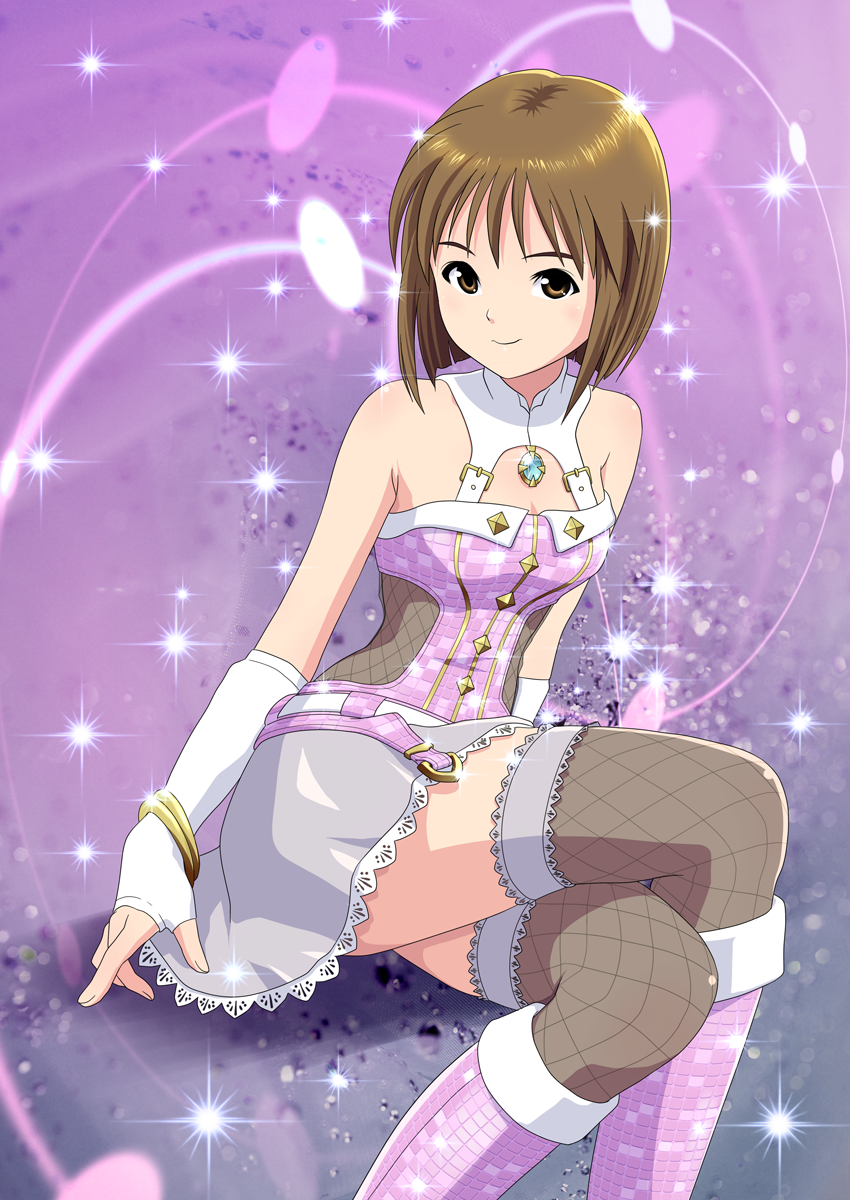 10s 1girl bare_shoulders bob_cut boots brown_eyes brown_hair crossed_legs female_focus fingerless_gloves gloves hagiwara_yukiho highres idolmaster idolmaster_(classic) idolmaster_2 jewelry pink_footwear ponnetsu short_hair sitting smile solo sparkle thighhighs