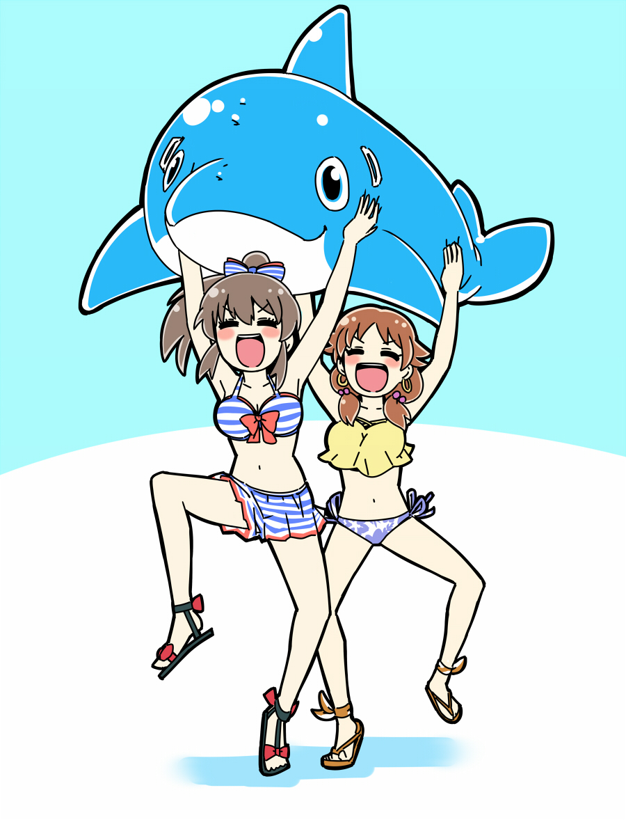 2girls :d ^_^ arms_up bikini blue_sandals blush_stickers bow bow_bikini breasts brown_hair cleavage closed_eyes collarbone commentary_request diagonal-striped_bikini diagonal-striped_clothes earrings grey_hair hoop_earrings hori_yuko idolmaster idolmaster_cinderella_girls inflatable_dolphin inflatable_toy jewelry katagiri_sanae leg_up long_hair low_twintails medium_breasts mismatched_bikini multiple_girls navel no_nose open_mouth orange_sandals ponytail red_bow sandals side-tie_bikini_bottom sidelocks smile striped_bikini striped_clothes swimsuit teeth torako_(toramaru) twintails upper_teeth_only