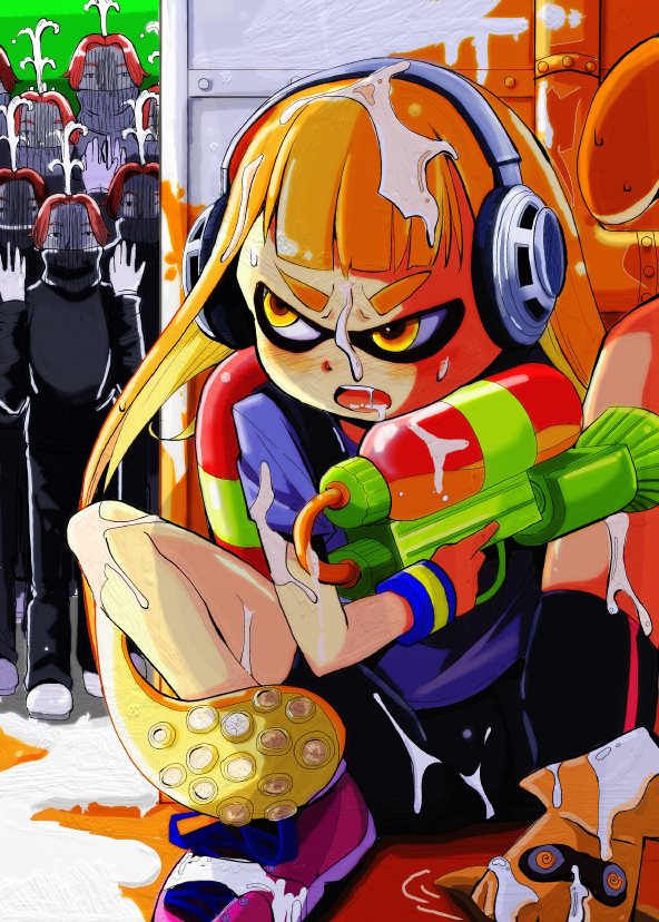 1girl bike_shorts bukkake cum cum_on_hair headphones inkling inkling_girl inkling_player_character long_hair monster_girl nintendo orange_eyes orange_hair pointy_ears sasaki_bullet shoes sneakers solo_focus splatoon_(series) splatoon_1 splattershot_(splatoon) squid suggestive_fluid tentacle_hair