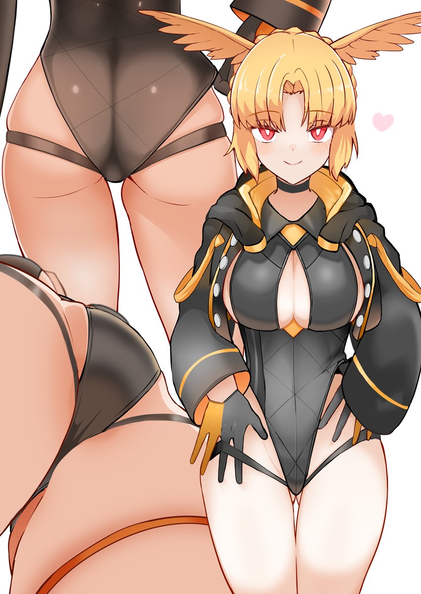 1girl adjusting_clothes adjusting_swimsuit ass black_one-piece_swimsuit blonde_hair blush breasts cleavage fate/grand_order fate_(series) from_behind gloves gluteal_fold hat head_wings highleg highleg_one-piece_swimsuit highres jacket large_breasts long_sleeves looking_at_viewer medium_breasts multiple_views one-piece_swimsuit red_eyes rindr_(fate) short_hair smile swimsuit thigh_gap thighs wings yoosai