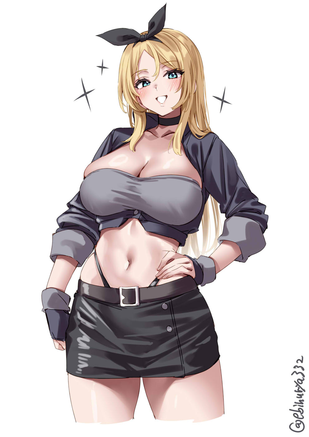 1girl artist_name belt black_choker black_gloves black_panties black_skirt blonde_hair blue_eyes blush breasts choker collarbone cropped_legs ebifurya gloves grin hair_between_eyes hair_ribbon hand_on_own_hip highleg highleg_panties highres kantai_collection large_breasts long_hair looking_at_viewer miniskirt navel nelson_(kancolle) nelson_(race_queen)_(kancolle) one-hour_drawing_challenge panties parted_bangs race_queen ribbon sidelocks simple_background skindentation skirt smile solo sparkle thighs twitter_username underwear white_background