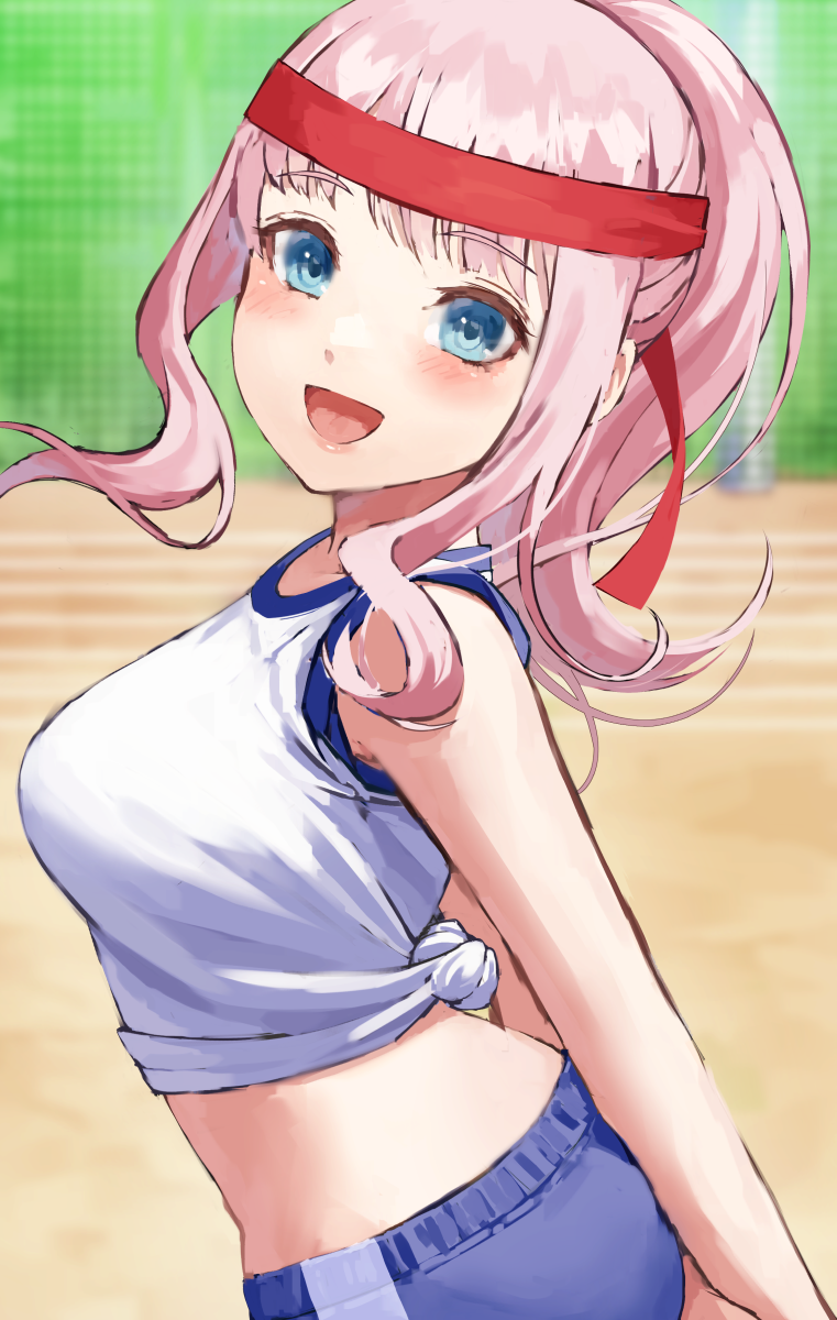 1girl arms_behind_back bare_arms bare_shoulders blue_eyes blue_shorts blush breasts commentary fagi_(kakikaki) from_side fujiwara_chika gym_shirt gym_uniform headband highres kaguya-sama_wa_kokurasetai_~tensai-tachi_no_renai_zunousen~ large_breasts long_hair looking_at_viewer midriff open_mouth outdoors pink_hair red_headband shirt shorts sleeves_rolled_up smile solo tied_shirt upper_body white_shirt