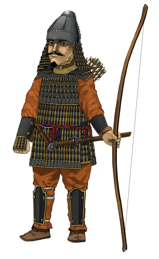 1boy armor artist_request bow_(weapon) facial_hair full_body helmet kofun_period male_focus sheath simple_background solo sword weapon white_background