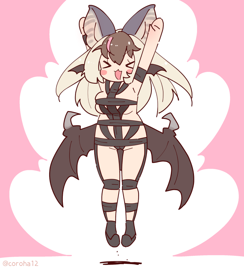 1girl animal_ears armpits arms_up bat_ears bat_girl bat_wings black_dress boots brown_hair brown_long-eared_bat_(kemono_friends) closed_eyes coroha dress extra_ears full_body grey_hair hot_limit jumping kemono_friends kemono_friends_v_project long_hair multicolored_hair pink_background simple_background solo streaked_hair virtual_youtuber wings