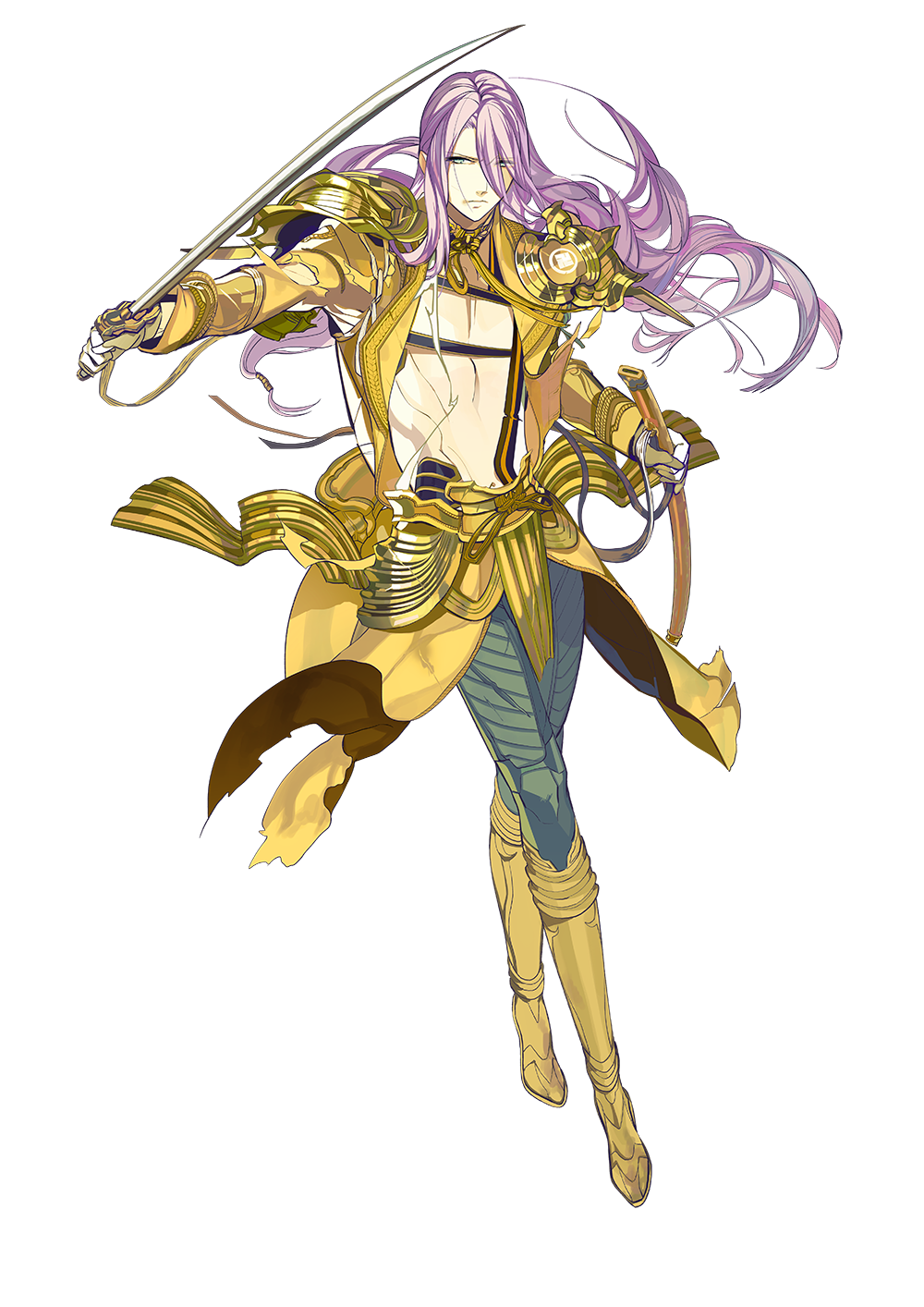 10s 1boy arai_teruko armor full_body gloves gold_armor green_eyes hachisuka_kotetsu highres katana long_hair looking_at_viewer male_focus official_art open_clothes purple_hair sheath solo sword torn_clothes touken_ranbu transparent_background very_long_hair weapon