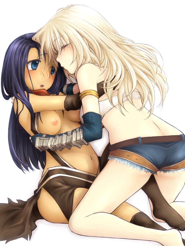 2girls assassin_cross_(ragnarok_online) belt bikini bikini_top_only black_leotard black_socks blonde_hair blue_eyes blue_gloves blue_hair blue_shorts blush breasts breasts_out brown_belt closed_eyes commentary_request elbow_gloves fingerless_gloves foot_out_of_frame gloves leotard long_hair looking_at_another medium_breasts multiple_girls navel nipples open_mouth ragnarok_online revealing_clothes short_shorts shorts simple_background socks swimsuit tan white_background white_bikini whitesmith_(ragnarok_online) yukizaki_(snowy_cape) yuri