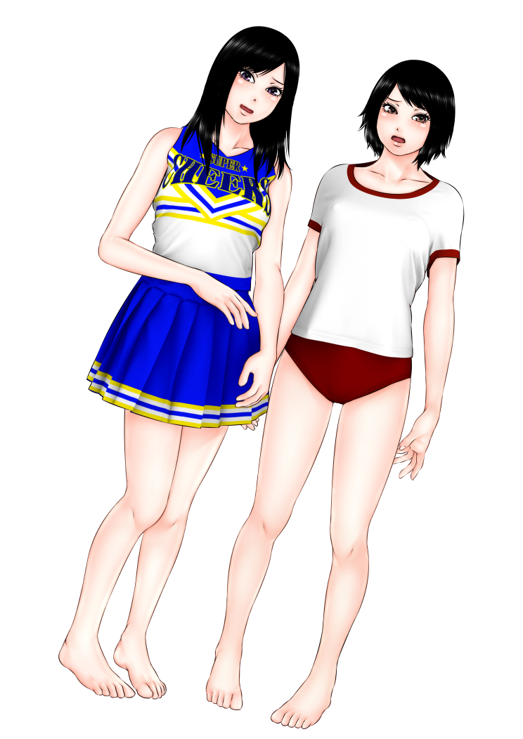 2girls bare_legs barefoot black_hair blush buruma cheerleader female_focus gym_uniform ironsugar looking_at_viewer multiple_girls original sequential_set simple_background standing white_background