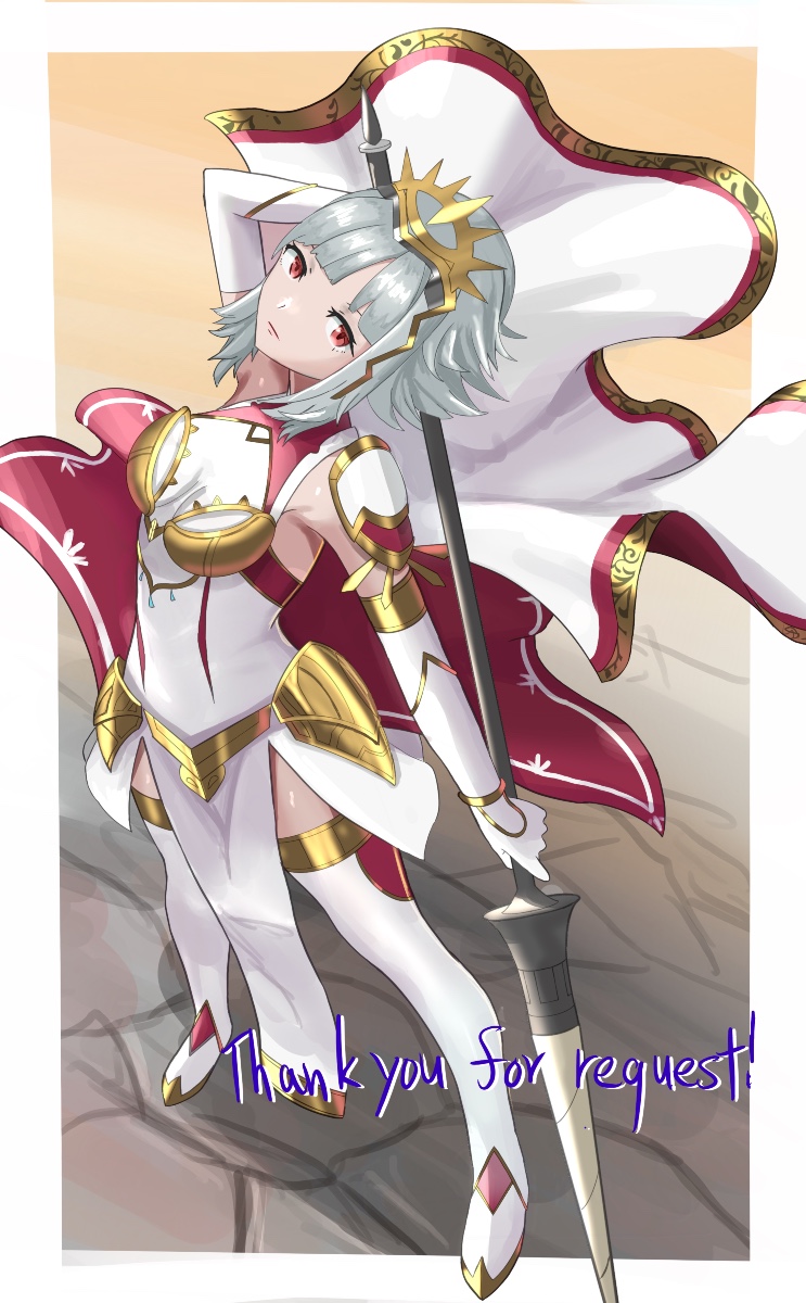 1girl armor armpits boots breastplate breasts cape commission cosplay dress elbow_gloves est_(fire_emblem) est_(fire_emblem)_(cosplay) fire_emblem fire_emblem_heroes from_above gloves gold_trim grey_hair highres holding holding_weapon lance nintendo official_alternate_hairstyle pelvic_curtain polearm red_eyes short_dress short_hair_with_long_locks skeb_commission small_breasts tarutaru193 thank_you thighhighs tiara veronica_(fire_emblem) veronica_(princess_rising)_(fire_emblem) weapon white_dress white_footwear white_gloves zettai_ryouiki