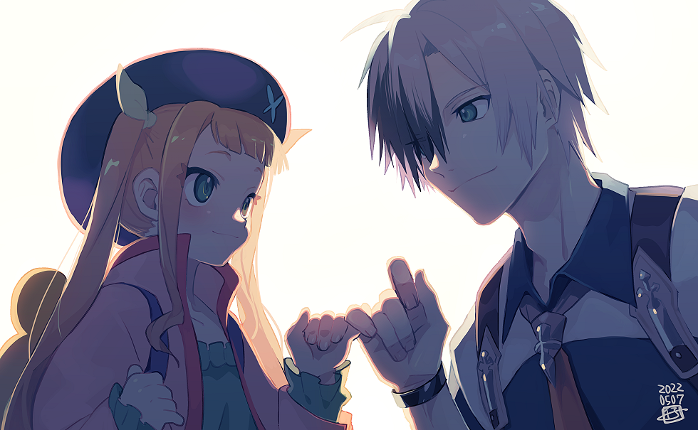 1boy 1girl beret black_hair blonde_hair child elle_mel_martha frills green_eyes hair_over_one_eye hat jacket kinako_(462) long_hair ludger_will_kresnik multicolored_hair necktie pink_jacket pinky_swear shadow shirt smile tales_of_(series) tales_of_xillia tales_of_xillia_2 twintails two-tone_hair white_hair