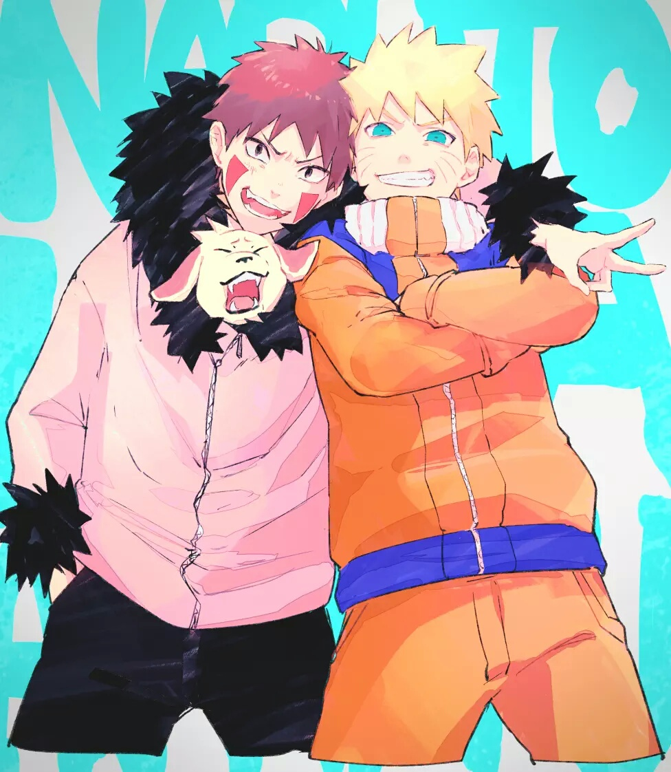 2boys akamaru_(naruto) arm_around_shoulder blue_eyes gradient_background inuzuka_kiba looking_at_viewer multiple_boys naruto naruto_(series) shigegigi spiked_hair uzumaki_naruto whiskers