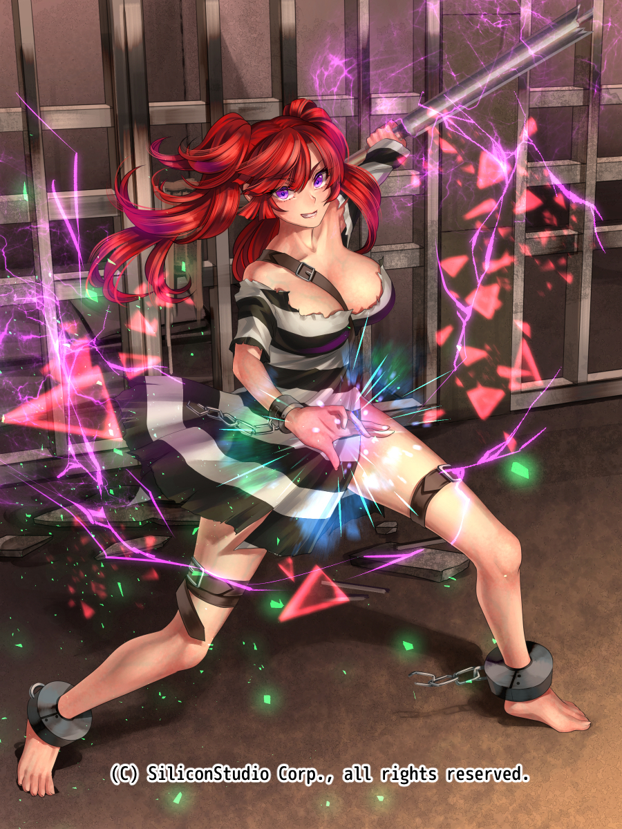 1girl barefoot belt between_breasts breasts chain character_request collarbone cuffs feet game_cg gyakushuu_no_fantasica highres jewelry large_breasts looking_at_viewer magic official_art prison_cell prison_clothes purple_eyes red_hair revealing_clothes ryuki@maguro-ex shackles smile solo thigh_belt thigh_strap thighlet toenails torn_clothes twintails