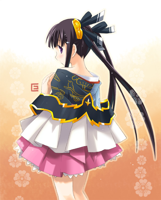 1girl animal_print black_bow black_hair blush bow cowboy_shot dress eretto female_focus frilled_dress frills from_behind hair_bow layered_dress long_hair looking_back multicolored_clothes multicolored_dress oda_kou profile purple_eyes rance_(series) sengoku_rance solo standing thighs