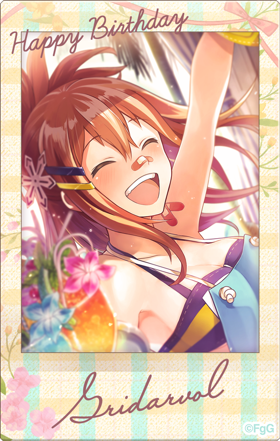 1girl ^_^ apron arm_up bikini blue_bikini brown_hair character_name closed_eyes cup double-parted_bangs drinking_glass drinking_straw gridarvol hair_between_eyes happy_birthday official_alternate_costume official_art open_mouth phantom_of_the_kill polaroid_photo second-party_source solo swimsuit teeth upper_teeth_only watarubou