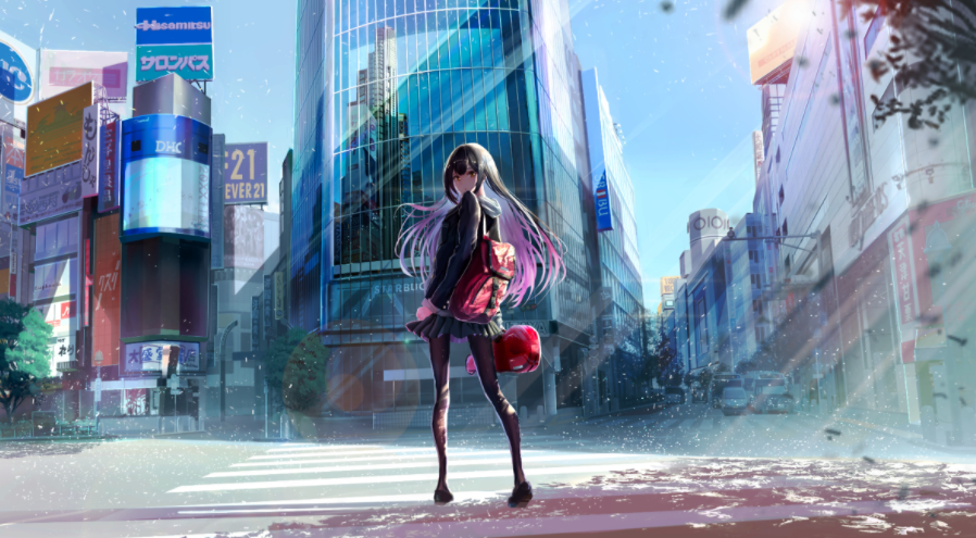 1girl bad_id bad_pixiv_id billboard black_hair black_pantyhose blue_sky building city crosswalk grim(akihiro) guitar_case hiragana instrument_case katakana long_hair looking_back original outdoors pantyhose pleated_skirt red_bag scenery skirt sky solo standing urban yellow_eyes