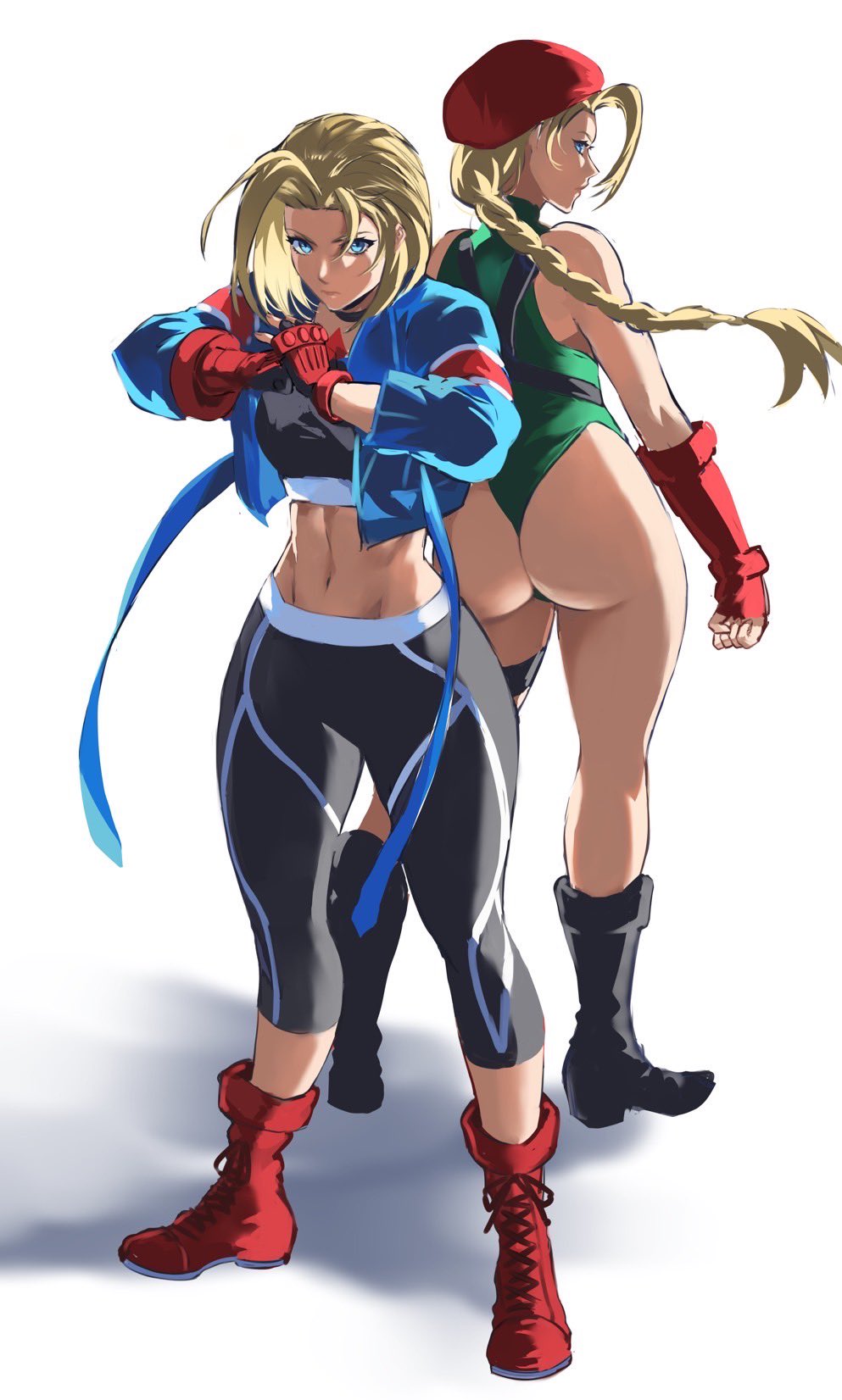 1girl abs ass bare_shoulders blonde_hair blue_eyes boots cammy_white crop_top fingerless_gloves gloves hat highres kivavis leotard long_hair pants short_hair sleeveless street_fighter street_fighter_6 thong thong_leotard