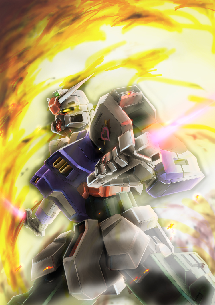 dual_wielding explosion gundam gundam_cross_dimension_0079 holding lioh666 mecha mobile_suit_gundam pixie_gundam robot weapon