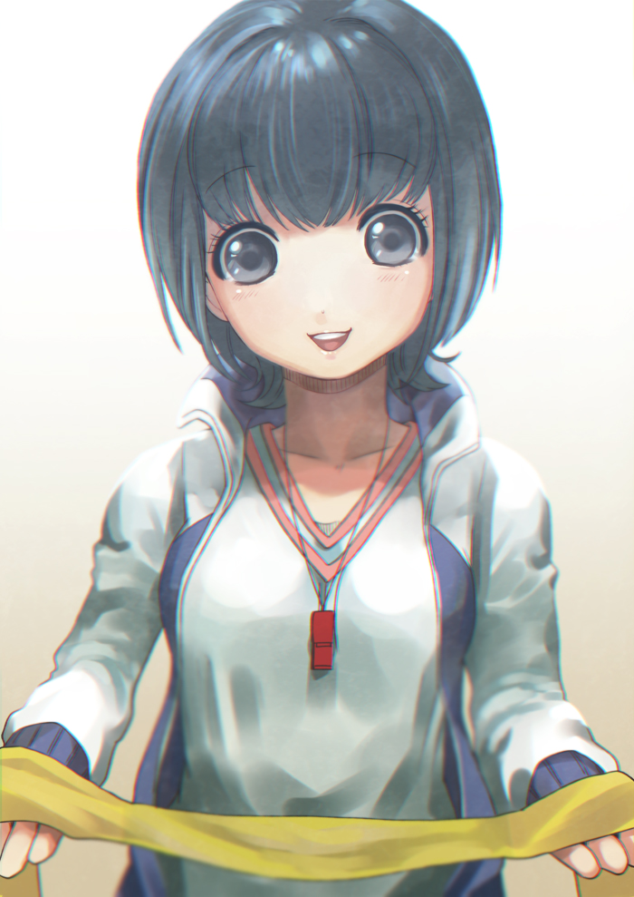 10s 1girl blue_hair breasts female_focus inazuma_eleven_(series) inazuma_eleven_go inazuma_eleven_go_galaxy jacket looking_at_viewer open_clothes open_jacket open_mouth short_hair solo sorano_aoi track_jacket whistle yanyo_(ogino_atsuki)