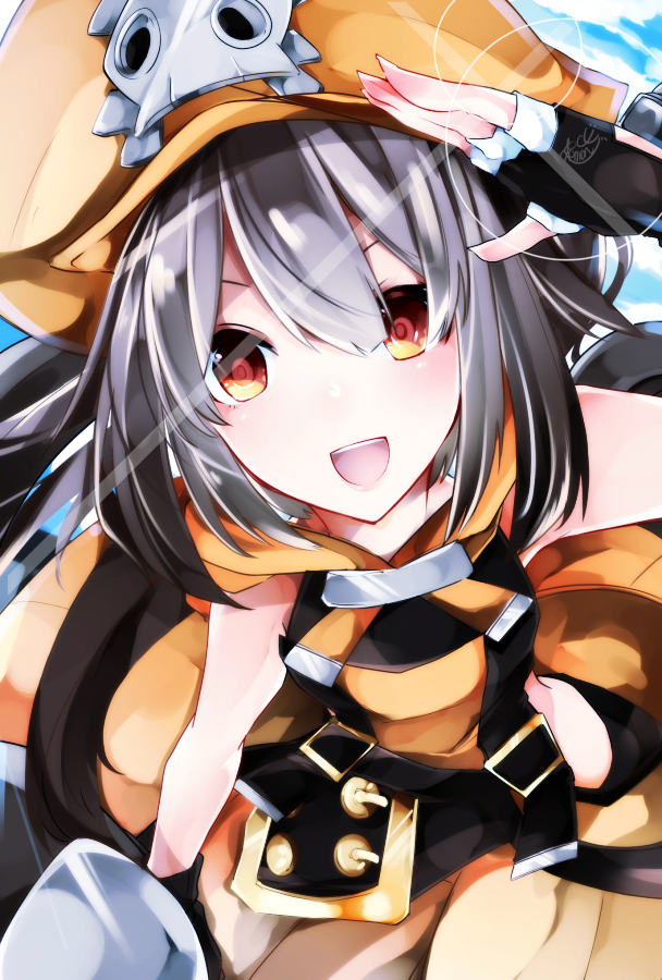 1girl armpits belt black_gloves black_hair blush fingerless_gloves gloves guilty_gear guilty_gear_xrd hair_between_eyes hat long_hair may_(guilty_gear) open_mouth pirate pirate_hat shii-shii_remon skull_and_crossbones solo