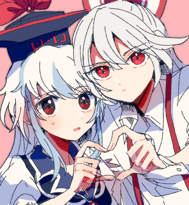 2girls blue_hat bow braid brown_eyes closed_mouth collared_shirt commentary_request fujiwara_no_mokou hair_bow hand_up hat heart heart_hands heart_hands_duo itomugi-kun kamishirasawa_keine long_hair looking_at_viewer multicolored_hair multiple_girls partial_commentary pink_background puffy_short_sleeves puffy_sleeves red_eyes shirt short_sleeves simple_background small_sweatdrop suspenders torn_clothes torn_sleeves touhou two-tone_hair upper_body white_hair white_shirt wrist_cuffs