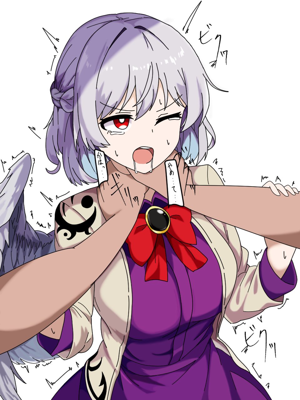 1boy 1girl blush bow braid breasts brooch collared_shirt feathered_wings french_braid grabbing_another&#039;s_arm hair_between_eyes half_up_braid hands_up highres hip_focus jacket japanese_text jewelry kishin_sagume large_breasts long_sleeves looking_at_another looking_to_the_side nose one_eye_closed open_mouth purple_shirt red_bow red_eyes ryona saliva shirt short_hair single_wing skirt standing strangling sweat tan_jacket tateno_a tears teeth touhou upper_teeth_only white_background white_wings wings