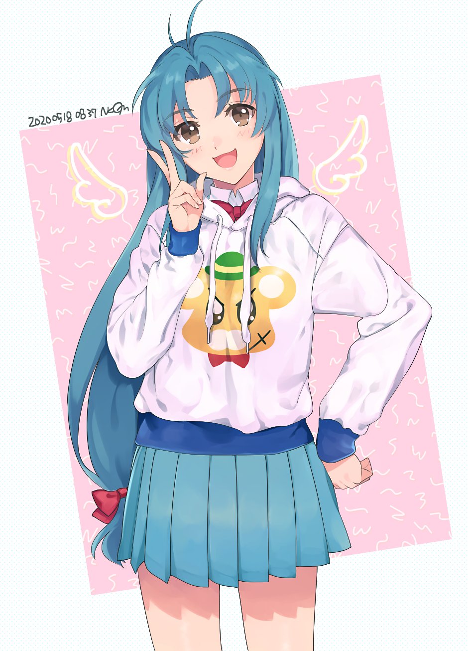 1girl artist_name bad_id bad_twitter_id blue_hair blue_skirt bonta-kun brown_eyes chidori_kaname cowboy_shot dated full_metal_panic! highres hood hooded_sweater hoodie jindai_high_school_uniform long_hair looking_at_viewer low-tied_long_hair nakagomiyuki415 pleated_skirt school_uniform skirt smile solo sweater white_background white_sweater wings