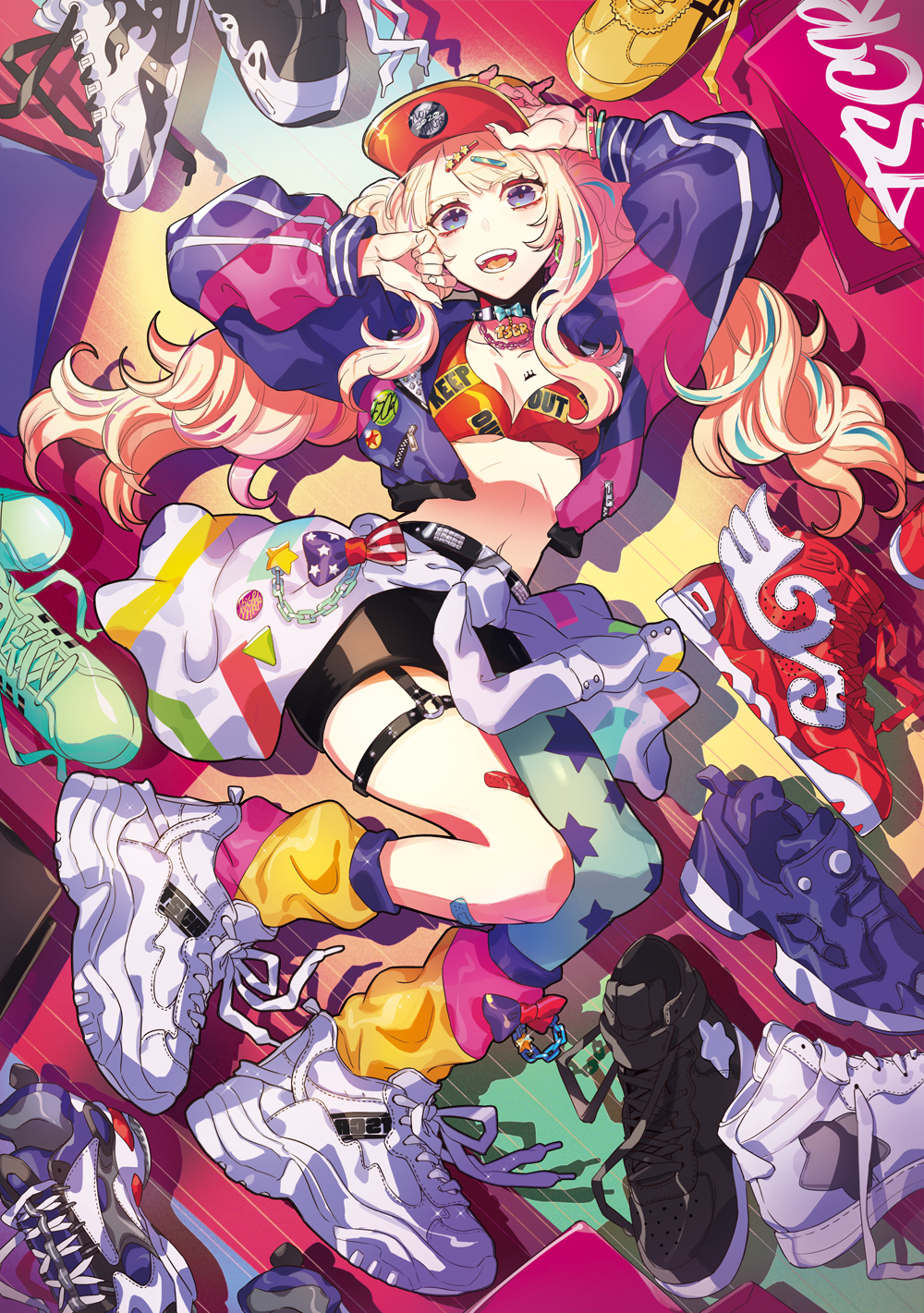 1girl bandaid bandaid_hair_ornament blonde_hair fashion green_hair hair_ornament hat highres long_sleeves looking_at_viewer lying midriff multicolored_hair on_back open_mouth original pink_background puppeteer7777 purple_eyes shirt shoes skirt smile sneakers solo twintails two-tone_hair