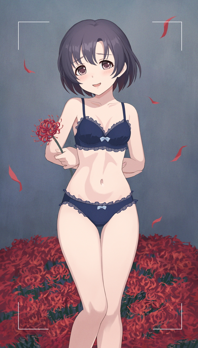 1girl arms_behind_back black_bra black_hair black_panties blush botan_m bra breasts brown_eyes commission earrings field flower flower_field frilled_bra frilled_panties frills highres holding holding_flower idolmaster idolmaster_cinderella_girls jewelry looking_at_viewer navel open_mouth panties petals pixiv_commission red_flower shiragiku_hotaru short_hair small_breasts smile solo spider_lily thigh_gap underwear underwear_only