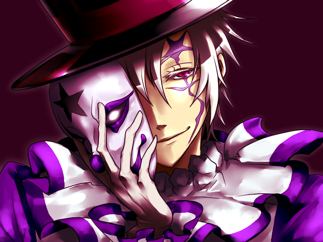 00s 1boy allen_walker bad_id bad_pixiv_id clown d.gray-man hat hisayuki male_focus mask pierrot red_eyes scar short_hair smile solo spoilers white_hair