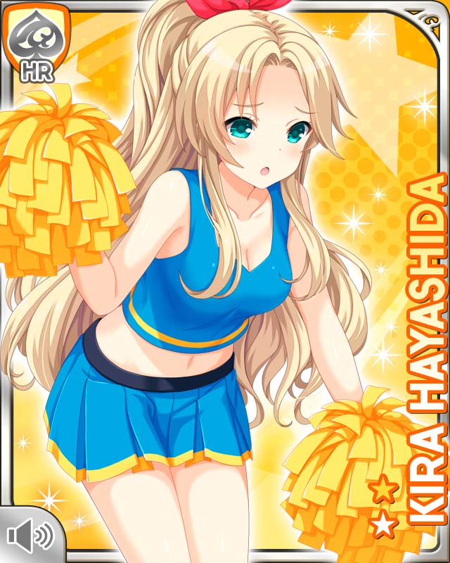 1girl :o arms_at_sides blonde_hair blue_shirt blue_skirt card_(medium) cheerleader female_focus girlfriend_(kari) green_eyes hayashida_kira long_hair midriff navel official_art one_side_up open_mouth pompoms qp:flapper ribbon scrunchie shirt shoes skirt socks solo standing yellow_background