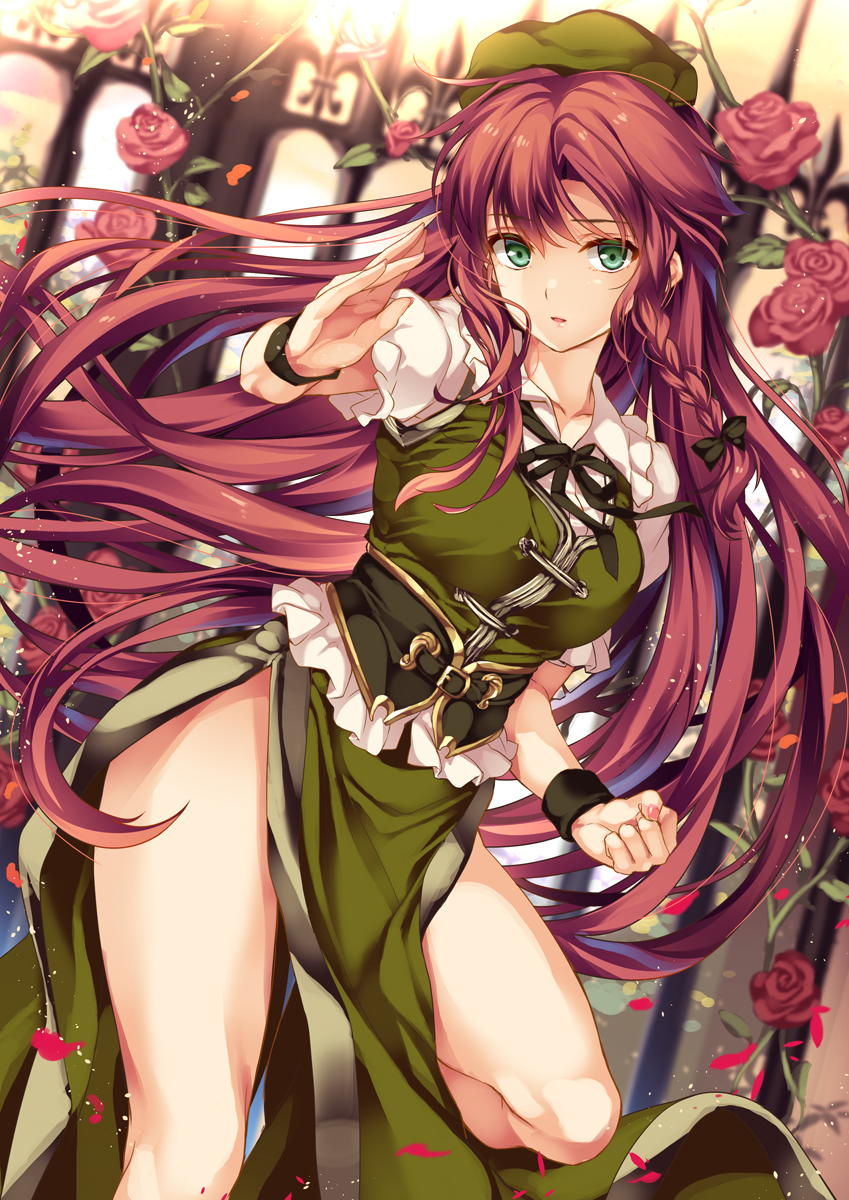 1girl bare_legs black_ribbon braid breasts chinese_clothes clenched_hand commentary_request duplicate flower gate green_eyes green_hat hat highres hong_meiling long_hair looking_at_viewer medium_breasts monety outdoors pelvic_curtain photoshop_(medium) pixel-perfect_duplicate puffy_short_sleeves puffy_sleeves red_flower red_hair red_rose ribbon rose short_sleeves side_braid solo touhou very_long_hair vest