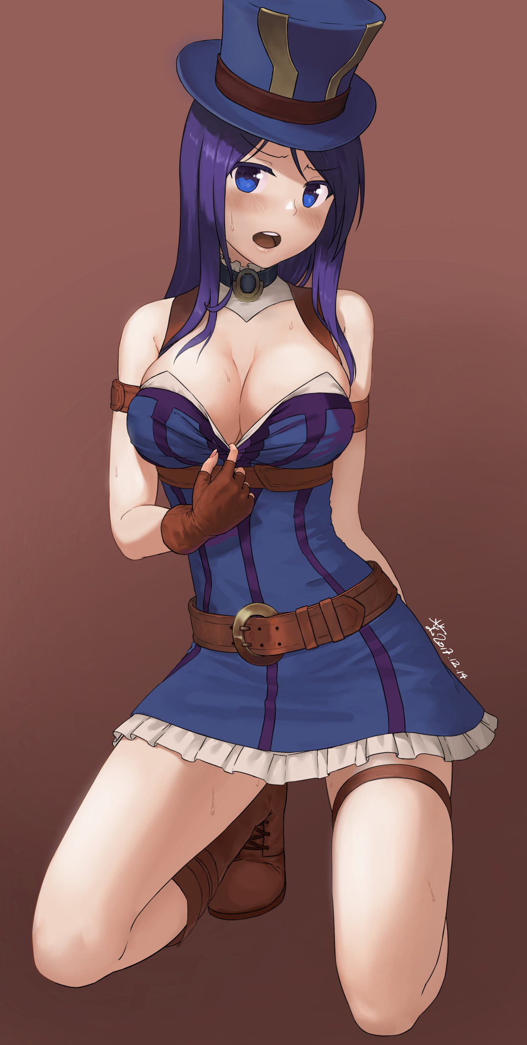 1girl arm_behind_back arm_strap bare_shoulders belt belt_buckle blue_eyes blush boots breasts brown_background brown_footwear brown_gloves buckle caitlyn_(league_of_legends) cleavage clothes_pull dated dress dress_pull female_focus fingerless_gloves full_body gloves hat highres knee_boots kneeling large_breasts league_of_legends looking_at_viewer mr_yah nose_blush open_mouth parted_bangs pulling_own_clothes round_teeth signature simple_background solo strapless strapless_dress sweat teeth thigh_strap thighs top_hat underbust v-shaped_eyebrows