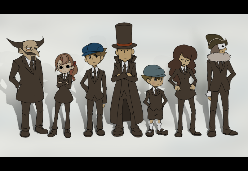 2girls 5boys aroma_reinford beard black_eyes brown_hair child closed_eyes crossed_arms don_paolo facial_hair flora_reinhold formal future_luke ghost_in_the_shell ghost_in_the_shell_lineup ghost_in_the_shell_stand_alone_complex hat hershel_layton jean_descole klaus_(professor_layton) letterboxed level-5 lineup long_hair luke_triton multiple_boys multiple_girls mustache necktie parody ponytail professor_layton remi_altava short_hair suit top_hat