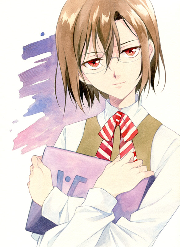 1girl agahari bad_id bad_pixiv_id book brown_hair female_focus glasses holding holding_book kure-nai kurenai murakami_ginko red_eyes school_uniform solo traditional_media