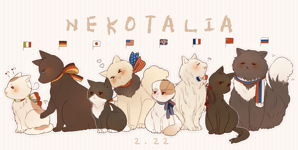 &gt;_&lt; america_(hetalia) american_flag american_flag_print animal animal_ears animal_nose animalization axis_powers_hetalia black-framed_eyewear black_eyes black_fur blue_eyes blush bow bowtie brown_fur brown_hair cat cat_ears cat_tail checkered_background china_(hetalia) closed_eyes closed_mouth commentary_request dated flag_print france_(hetalia) french_flag french_flag_print german_flag german_flag_print germany_(hetalia) glasses heart italian_flag italian_flag_print japan_(hetalia) japanese_flag japanese_flag_print long_hair looking_at_another ninonuko northern_italy_(hetalia) open_mouth people&#039;s_republic_of_china_flag ponytail red_ribbon ribbon russia_(hetalia) russian_flag russian_flag_print scarf semi-rimless_eyewear smile star_(symbol) star_print sweatdrop tail two-tone_fur union_jack union_jack_print united_kingdom_(hetalia) white_background white_fur