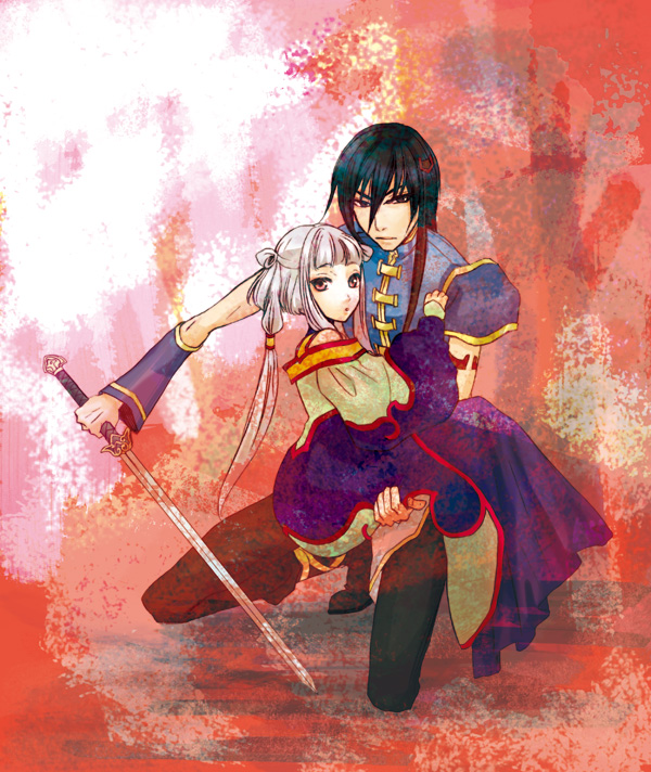 00s black_hair code_geass detached_sleeves li_xingke long_hair sword tianzi weapon white_hair