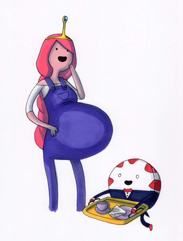 adventure_time big_belly bow bowtie cup hand_on_own_cheek hand_on_own_face hand_on_own_hip hand_on_own_stomach long_hair napkin open_mouth peppermint_butler pink_hair plate pregnant princess princess_bonnibel_bubblegum sixonesixone teacup tiara