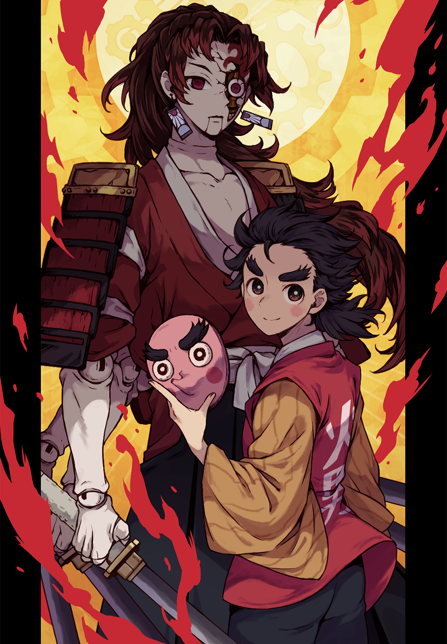 1boy armor black_hair black_hakama child clothes_writing cowboy_shot cracked_skin damaged doll doll_joints earrings extra_arms fire hakama hand_up highres holding holding_mask holding_sword holding_weapon japanese_armor japanese_clothes jewelry joints katana kimetsu_no_yaiba kimono kotetsu_(kimetsu_no_yaiba) letterboxed long_hair looking_at_viewer looking_back male_focus mask mechabare o_nigi_ri ofuda_earrings puppet red_eyes red_hair red_kimono red_vest shoulder_armor sode solo standing sun sword tasuki unworn_mask vest weapon yellow_background yoriichi_zeroshiki