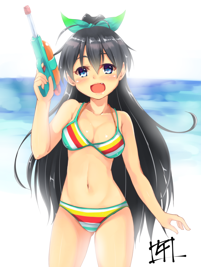 1girl antenna_hair beach bikini black_hair blue_eyes blush breasts cleavage cowboy_shot day earrings fang female_focus ganaha_hibiki green_ribbon hair_ribbon high_ponytail hoop_earrings idolmaster idolmaster_(classic) jewelry long_hair looking_at_viewer medium_breasts minase_nagi multicolored_bikini multicolored_clothes ocean open_mouth outdoors ponytail ribbon solo standing striped_bikini striped_clothes swimsuit water_gun