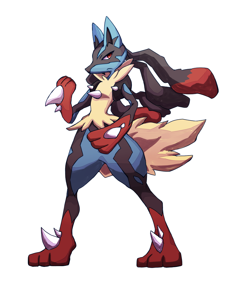 1other ah0219 closed_mouth creatures_(company) full_body furry game_freak gen_4_pokemon legs long_hair lucario mega_lucario mega_pokemon multicolored_hair nintendo other_focus pokemon pokemon_(creature) red_eyes spikes standing two-tone_hair white_background