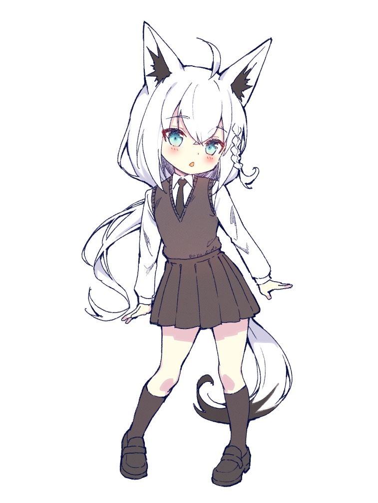 1girl :o ahoge alternate_costume animal_ear_fluff animal_ears black_footwear black_necktie black_skirt black_socks blue_eyes blush braided_sidelock commentary_request fox_ears fox_girl fox_tail full_body grey_sweater_vest hair_between_eyes hololive ishida_aya loafers long_hair long_sleeves looking_at_viewer mixed-language_commentary necktie pleated_skirt school_uniform shirakami_fubuki shirt shoes simple_background skirt socks solo standing sweater_vest tail virtual_youtuber white_background white_hair white_shirt