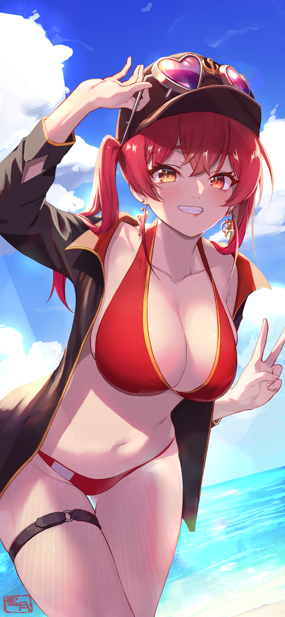 1girl adjusting_eyewear arm_up baseball_cap bikini black_jacket blue_sky breasts cleavage cloud collarbone cowboy_shot earrings eyewear_on_head gluteal_fold grin halterneck hand_on_eyewear hat heart heart-shaped_eyewear highres hololive houshou_marine houshou_marine_(summer) jacket jewelry large_breasts long_hair long_sleeves looking_at_viewer navel o-ring o-ring_thigh_strap open_clothes open_jacket red_bikini red_eyes red_hair shimotsuki_shio sky smile solo standing stomach sunglasses swimsuit thigh_strap thighs twintails v virtual_youtuber yellow_eyes