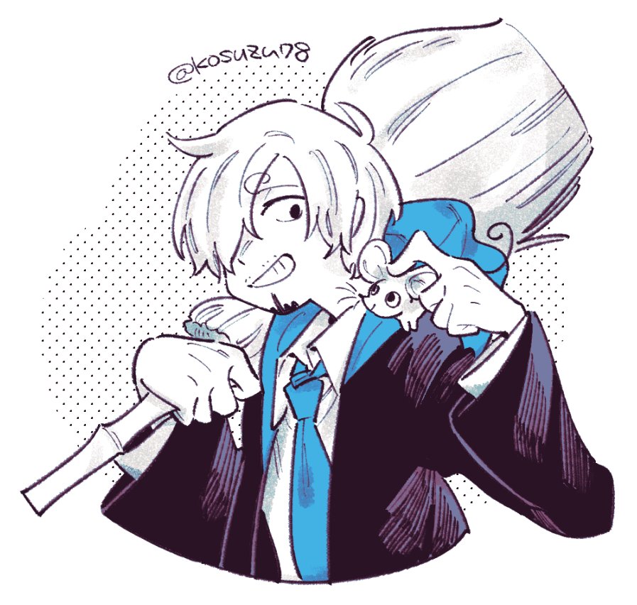 1boy animal blue_necktie broom commentary cropped_torso curly_eyebrows facial_hair goatee hair_over_one_eye harry_potter_(series) holding holding_broom hood hooded_coat limited_palette mitsubachi_koucha mouse_(animal) mustache_stubble necktie one_piece ravenclaw sanji_(one_piece) short_hair smile stubble symbol-only_commentary twitter_username wizarding_world