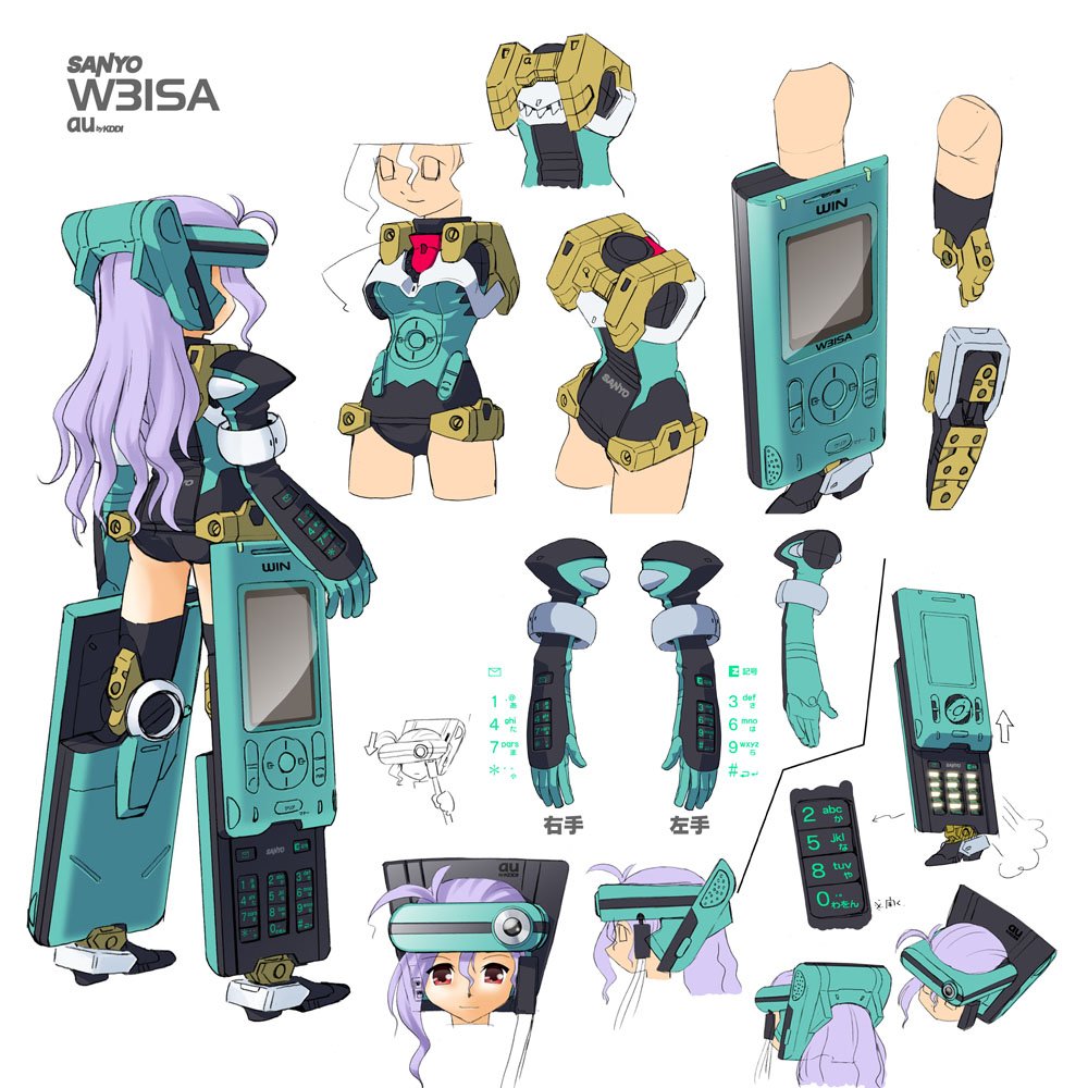 1girl 2005 cellphone character_sheet katahira_masashi long_hair mecha_musume multiple_girls multiple_views original personification phone product_placement purple_hair robot_girl standing thighhighs zettai_ryouiki