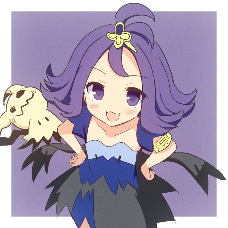 1girl :3 :d acerola_(pokemon) armlet blue_dress blush border collarbone commentary_request creatures_(company) curakuru dress game_freak gen_7_pokemon hair_ornament hairclip hands_on_own_hips happy jewelry looking_at_viewer mimikyu nintendo open_mouth pokemon pokemon_(creature) pokemon_sm purple_hair smile stitches topknot torn_clothes torn_dress white_border