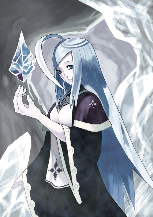 ahoge bezi blue_hair crystal dress element_bender green_eyes ice long_hair magic pale_skin solo