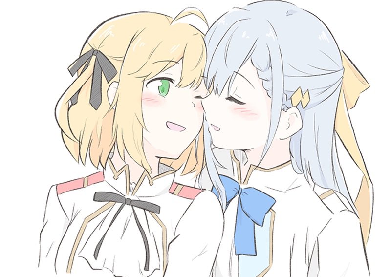 2girls anisphia_wynn_palettia ascot black_ribbon blonde_hair blue_bow blue_bowtie blush bow bowtie closed_eyes euphyllia_magenta green_eyes grey_hair hair_ribbon imminent_kiss jacket long_hair medium_hair multiple_girls neck_ribbon nick150iso one_eye_closed open_mouth ribbon simple_background smile tensei_oujo_to_tensai_reijou_no_mahou_kakumei upper_body white_ascot white_background white_jacket yellow_ribbon yuri