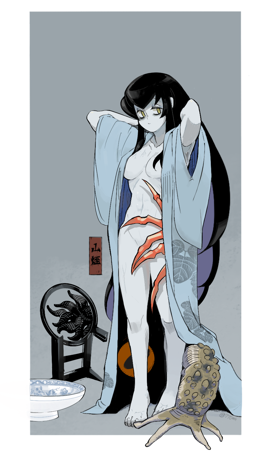 1girl 770mk animal animal_in_clothes armpits arms_behind_head bags_under_eyes barefoot black_hair blue_kimono border bowl breasts bug centipede closed_mouth colored_inner_hair colored_skin covering_another&#039;s_crotch expressionless eyes_in_shadow full_body grey_background grey_skin hand_fan highres japanese_clothes kimono long_hair looking_at_viewer medium_breasts multicolored_hair naked_kimono open_clothes open_kimono original oversized_animal paper_fan purple_hair short_sleeves simple_background solo standing stomach toad_(animal) uchiwa white_border wide_sleeves yellow_eyes