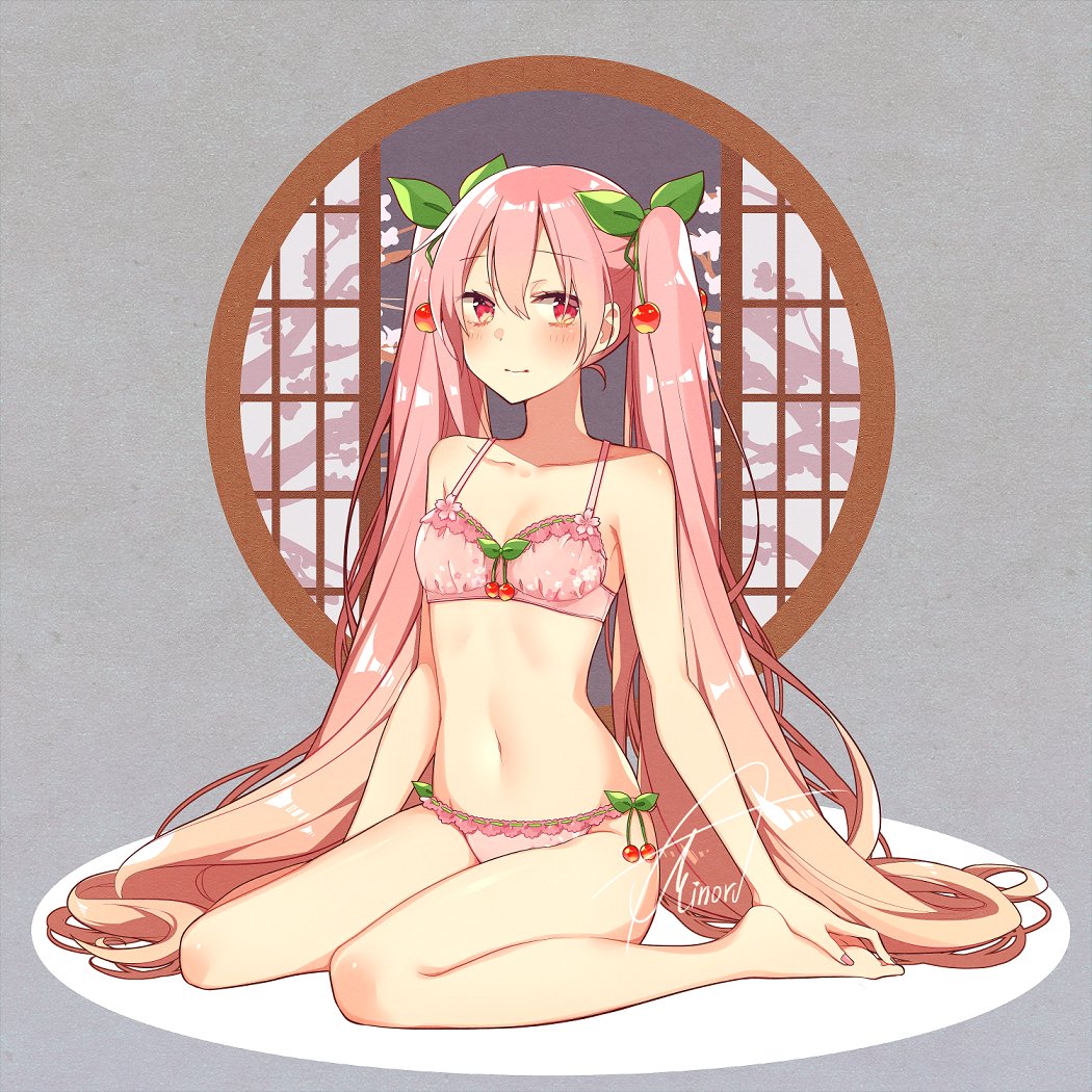 Asagao Minoru Hatsune Miku Sakura Miku Vocaloid Commentary 1girl Blush Bra Cherry 