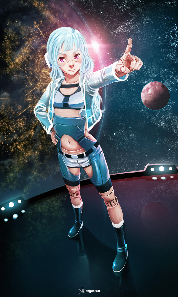 1girl alpha_(acerailgun) android artist_name blue_hair borrowed_character doll_joints female_focus flat_chest full_body hand_on_own_hip jacket joints lens_flare long_hair navel original pink_eyes planet pointing roguetwo solo space standing