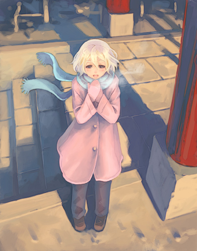 1girl blonde_hair blue_scarf breath brown_eyes coat female_focus from_above gloves lowres mittens original outdoors pants scarf short_hair solo stairs weno weno&#039;s_blonde_original_character